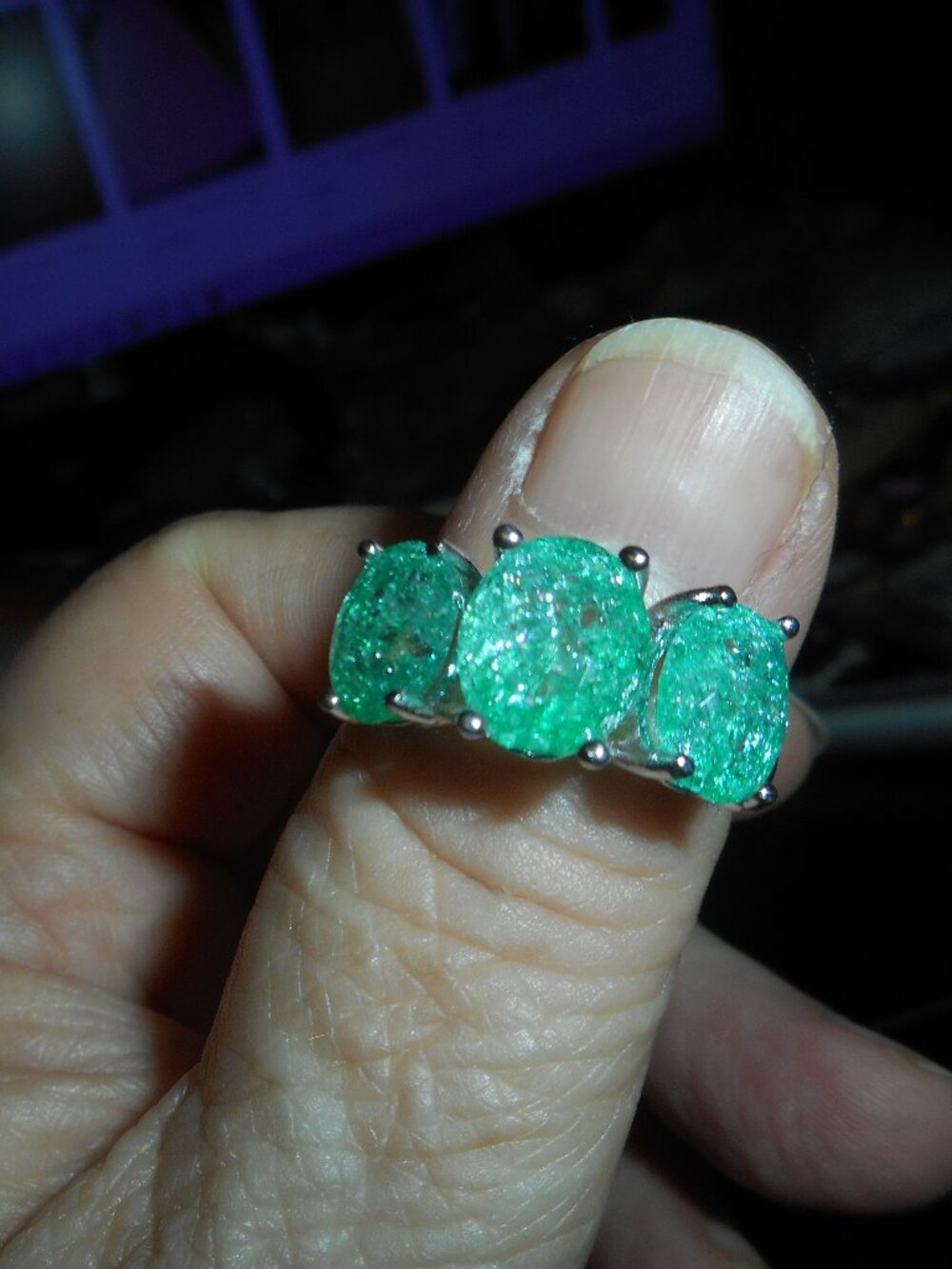 3 stones - RING SIZE 9, stones are green, band is silver